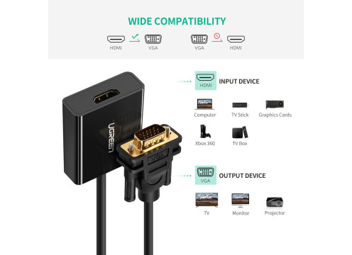 מתאם UGREEN HDMI (in) Female to VGA (out) Male with 3.5mm and micro USB Converter