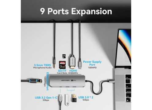 מתאם Vention USB-C to HDMI | USB-A x2 | USB-C | SD Card Reader | LAN | 3.5mm | PD100W | Dock